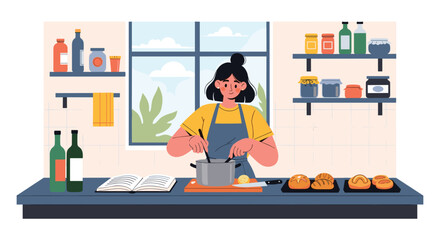 A young woman enjoys preparing delicious food in her home kitchen.