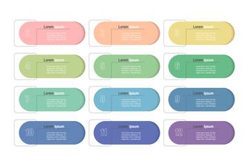 For business concept with 12 steps infographics, multicolor rectangle shape with , design for workflow layout, diagram, annual report, web design. vector illustration