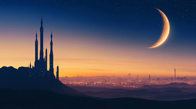 Majestic castle silhouette crescent moon desert landscape glowing city lights twilight sky serene futuristic Ramadan vibe - Powered by Adobe