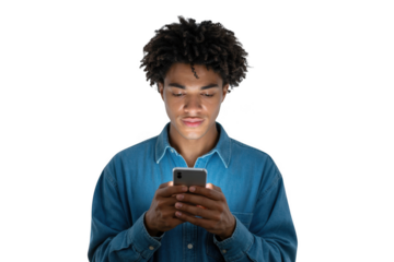 Young black man focused on his smartphone screen illuminated by its glow transparent background