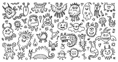 Monster doodle vector. Cute Halloween alien, animal, monster crayon character. Funny kid hand drawn illustration. Sketch kids art. Cute Halloween coloring book. Happy outline scribble children page bg