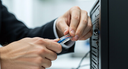 Hands connect an ethernet cable to a network device in a modern office environment.Concept of office technology and network connectivity.