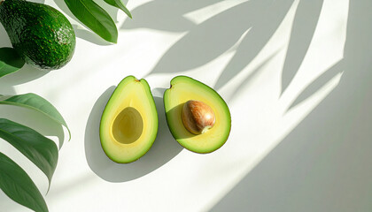 Fresh green avocado halves placed on a white background, photographed in a bright minimalist spring food style