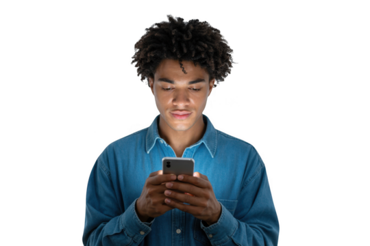 Young black man focused on his smartphone screen illuminated by its glow transparent background