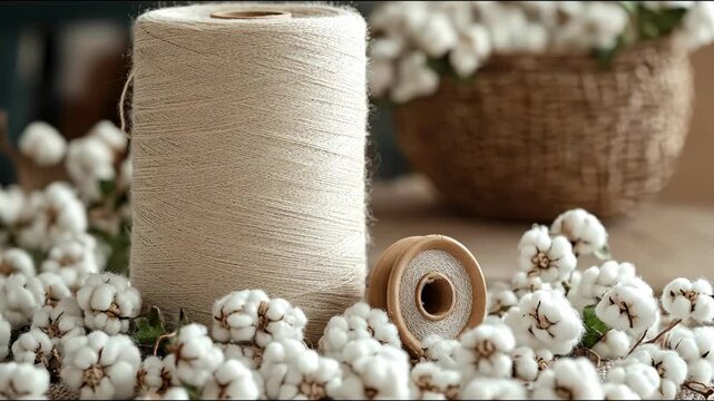 Close-up of natural cotton bolls and spools of thread, showcasing raw material and textile production.