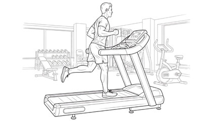 Black Line Drawing of a Man on Treadmill – High Quality Gym Fitness Illustration in Minimalist Vector Style © Narmada