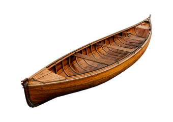 A wooden boat isolated on a transparent or white background.