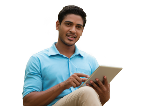 Smiling confident young man holding tablet computer posing for a medium shot portrait transparent background