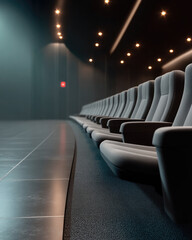 Modern theater seat row, empty auditorium, soft lighting, cinematic atmosphere, contemporary design, calm mood, dark interior