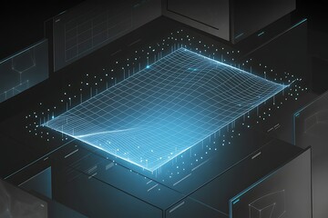 Abstract glowing blue digital grid with particles floating above a dark technological surface technology
