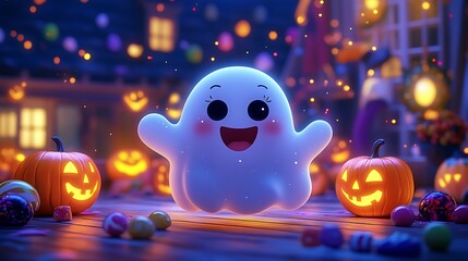 A cute cartoon ghost with rosy cheeks floating joyfully among glowing jack-o'-lanterns and colorful candy, bright night sky filled with stars, whimsical Halloween decorations in the background.