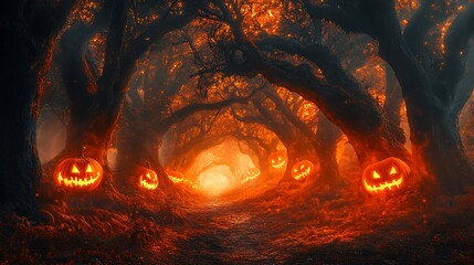 A dark enchanted forest with gnarled trees forming a tunnel over a misty trail, glowing jack-o'-lanterns casting faint orange light, swirling fog covering the forest floor,