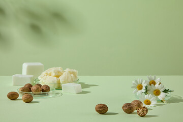 Still life with shea butter chunks, chamomile blossoms, and nuts arranged neatly on green surface. Ideal for skincare and natural spa compositions, advertising cosmetic with natural ingredient