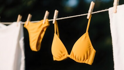 Bright Yellow Swimwear Hanging on Clothesline in Sunny Background