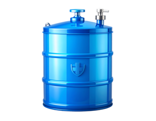A vibrant blue barrel-shaped beverage dispenser with a spigot and handle, featuring a shield emblem on a white background.