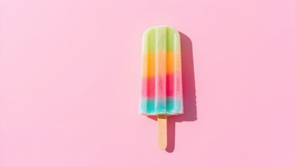 Colorful Tri-Striped Ice Pop on Pink Background with Wood Stick