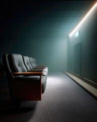 Empty theater seat row illuminated by soft light, moody atmosphere, modern interior, carpeted floor, tranquil and cinematic vibe