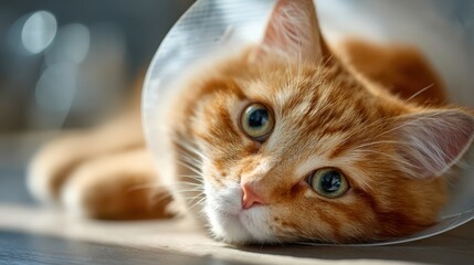 A close-up of a ginger cat wearing a protective cone, lying down and looking wistfully at the camera.