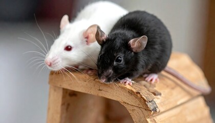 Two pet rats, one black and one white, perched atop a small wooden house