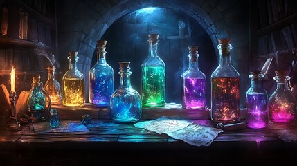 A detailed illustration of glowing potion bottles in varied shapes, vibrant blue, purple, and green liquids, resting on an oak wizard's workbench covered in parchment maps and feathers.