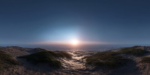 Fototapeta premium Stunning hdr panoramic sunrise over serene ocean landscape coastal viewpoint