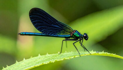 Iridescent damselfly perched on a leaf, vibrant green background