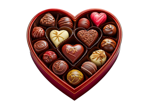 Heart shaped box filled with assorted chocolates, featuring variety of flavors and colors, isolated on a transparent or white background. - Powered by Adobe