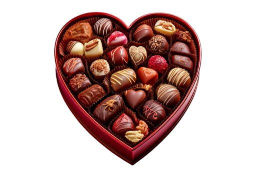 Heart shaped box filled with assorted chocolates, featuring variety of flavors and colors, isolated on a transparent or white background.