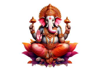 Indian god Ganesha with elephant head. Divine Hindu lord of luck, wisdom, isolated on a transparent or white background.