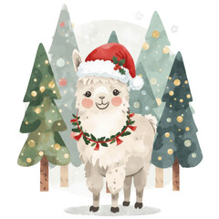Alpaca with a christmas tree  isolated on white