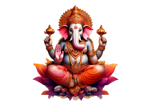 Indian god Ganesha with elephant head. Divine Hindu lord of luck, wisdom, isolated on a transparent or white background.