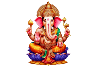 Indian god Ganesha with elephant head. Divine Hindu lord of luck, wisdom, isolated on a transparent or white background.