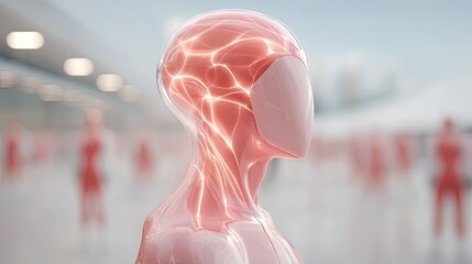 Macro Close-up of Futuristic Artificial Intelligence Structure Depicting Glowing Network Inside Pink Head with Blurred Figures