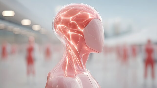 Macro Close-up of Futuristic Artificial Intelligence Structure Depicting Glowing Network Inside Pink Head with Blurred Figures - Powered by Adobe