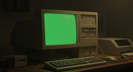 A retro desktop computer with a CRT monitor showing a green screen, representing vintage technology.Concept of retro computing and vintage electronics.