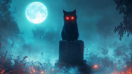 A mystical black cat with fur standing on end, eyes glowing red, sitting atop an old gravestone surrounded by glowing runes, dense fog drifting across the graveyard, full moon casting soft blue light.