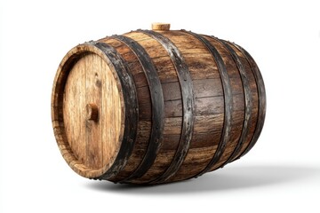 Fototapeta premium A weathered wooden barrel, constructed with staves and metal bands, rests on a white , casting a subtle shadow.