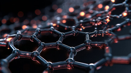 A shimmering hexagonal atomic lattice glows with orange energy in this detailed macro view representing advanced materials and scientific research