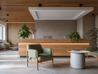 Modern reception area with wooden desk, green armchair, indoor plant, round table, natural light, and minimalist decor create welcoming atmosphere