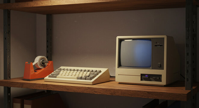 A vintage desktop computer setup with a CRT monitor and a beige tower, symbolizing retro technology.Concept of retro computing and vintage electronics.