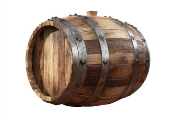 A weathered wooden barrel, featuring metal bands, stands against a clean , showcasing its rustic charm.