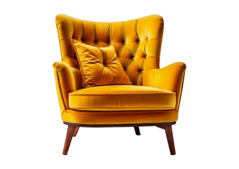 Luxurious yellow armchair with elegant curves and wooden legs, isolated on a transparent or white background.