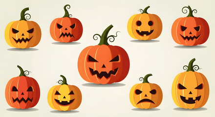 A collection of ten carved Halloween pumpkins, or jack-o'-lanterns, with various spooky and funny facial expressions.