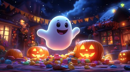 A playful cartoon ghost with a happy expression floating over a pile of Halloween candy, surrounded by glowing pumpkins and festive banners, bright stars twinkling in the background.