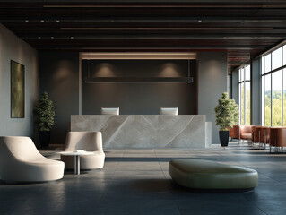 Modern lobby interior with marble reception desk, minimalist furniture, large windows, natural light, and green plants create welcoming atmosphere