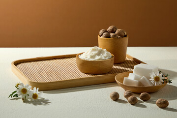 Minimalist composition with shea butter and nuts placed on wooden tray with chamomile flowers. Warm earthy style for cosmetic product design.