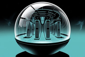 Futuristic data center servers inside a glowing crystal ball on a dark background technology