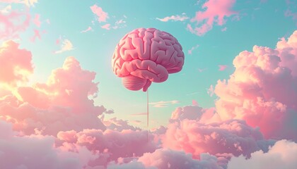 Brain balloon floating above pastel backdrop
