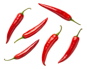 Several ripe red chili peppers scattered and arranged artistically on a dark background isolated on white background isolated on transparent background