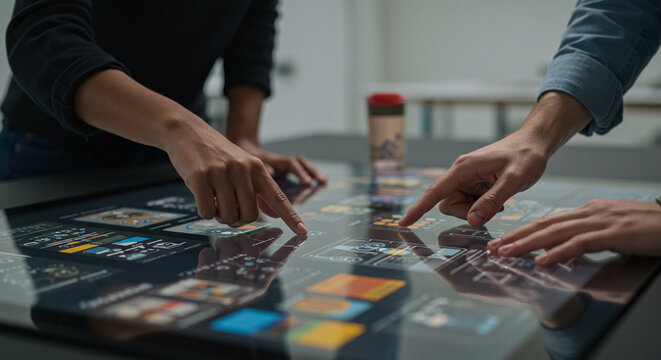 Design team collaborating on a project using a large interactive digital screen as a table.Concept of collaborative design and advanced technology.